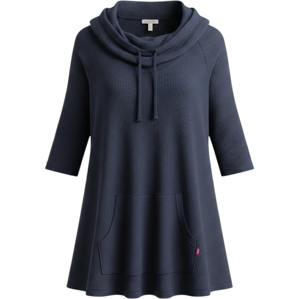 XCVI Sweater Tunic Womens XL Blue Cowl Neck 3/4 Raglan Waffle Knit Pocket